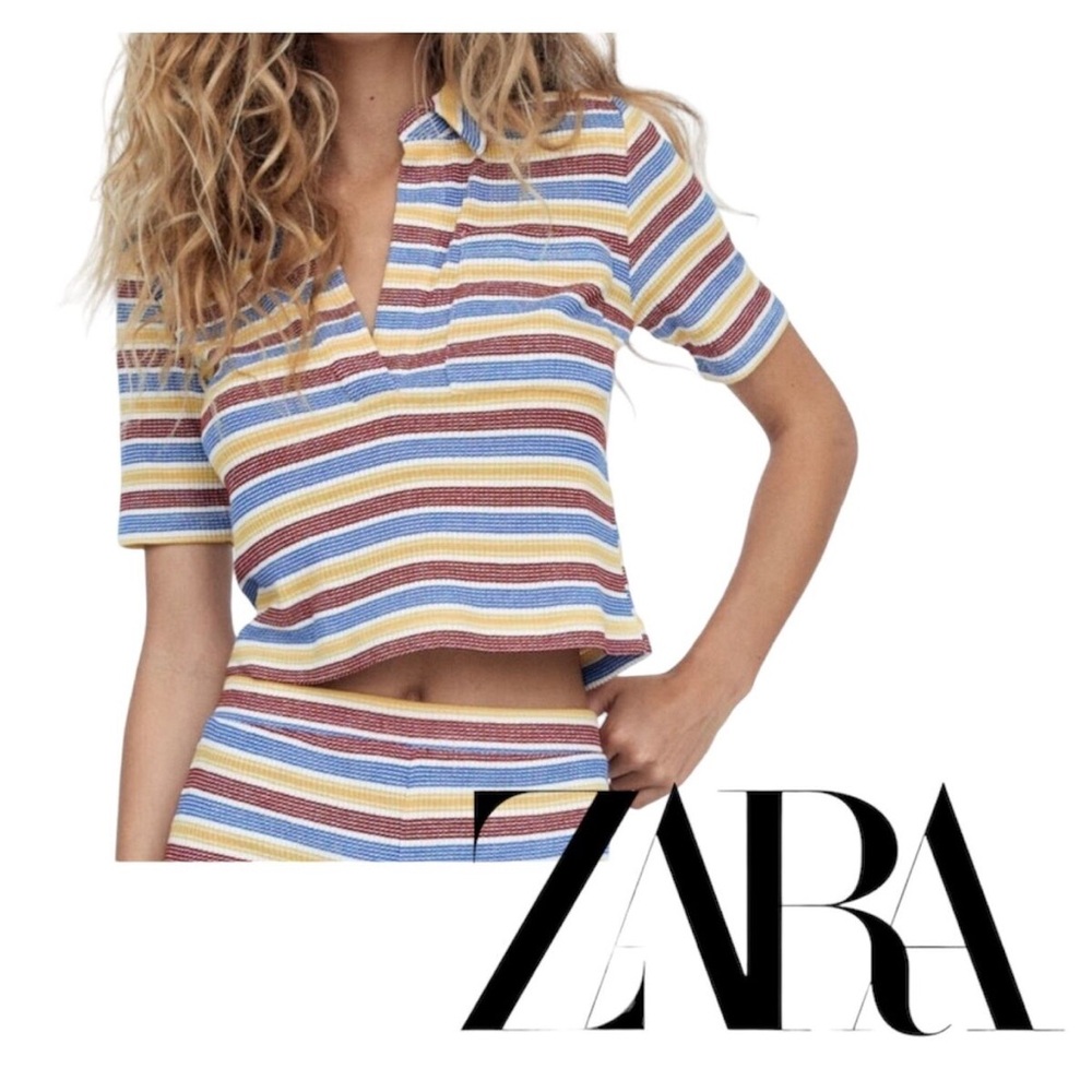 ⛄️Zara Ribbed Knit Retro Stripe Cropped Polo Shirt Women S